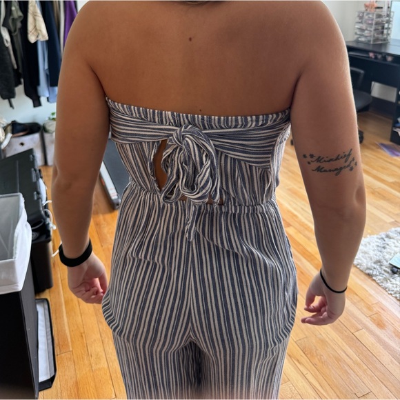 Blue and White Striped Strapless Jumpsuit - Picture 3 of 4